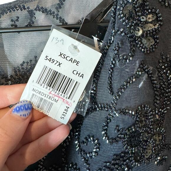 NWT Xscape Evenings Beaded Short Sleeve Ruched Gown Navy Blue 8 Formal Wedding - Picture 8 of 13